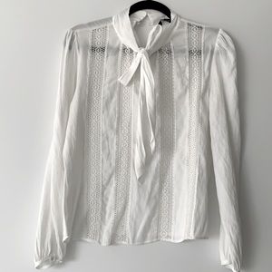 Zara Long Sleeved Embroidered Blouse with Bow Detail - XS